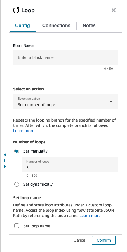 La página de propiedades del bloque Bucle.